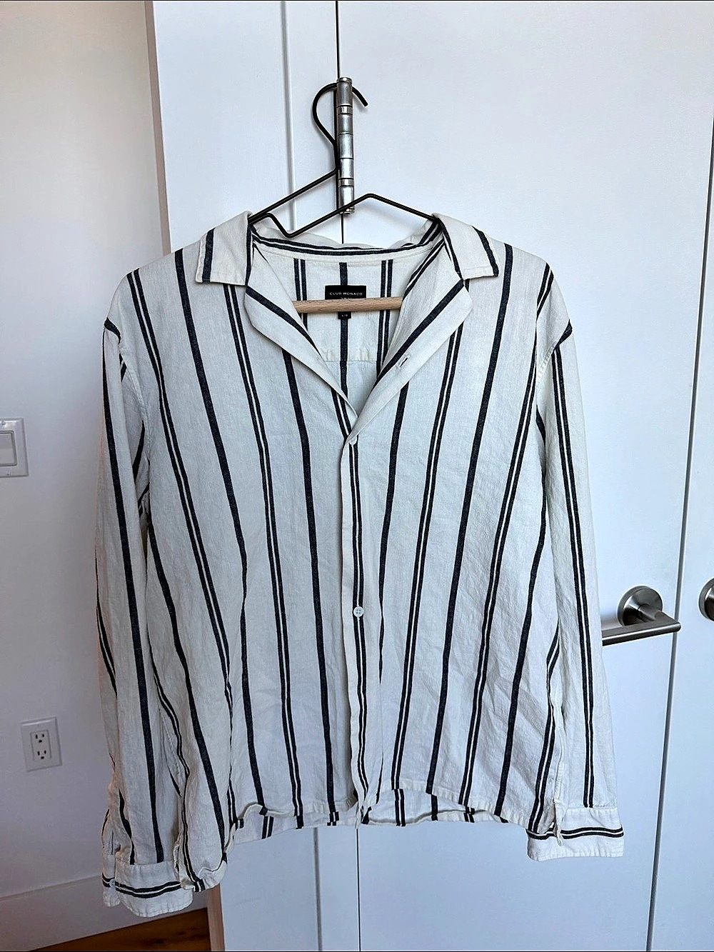 Club Monaco Slim Fit Striped Linen Jacket in White & Black Size Large